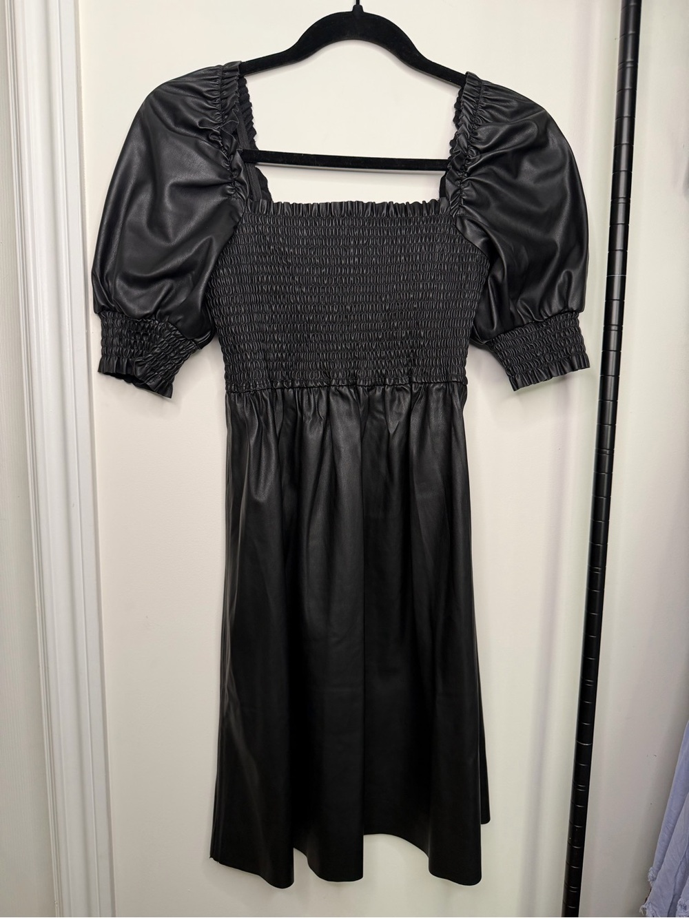 Black Faux Leather Puff Sleeve Dress